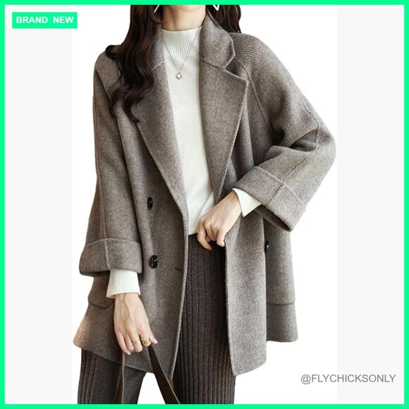 Wool Blend Pea Coat Double Breasted Overcoat Loose Fit Winter